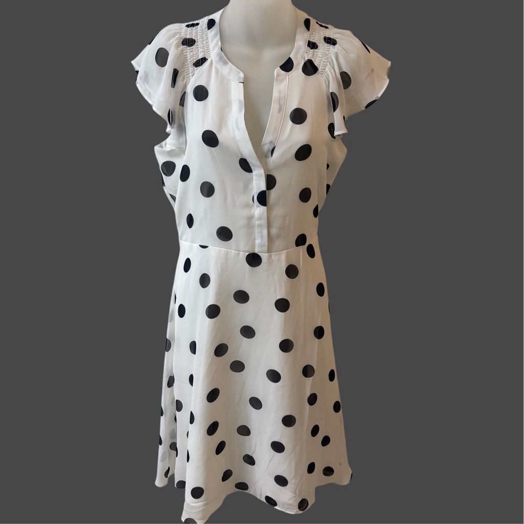 Ann Taylor Flutter Sleeve Dress Size 4 White Black Polka Dot Knee Length 38in